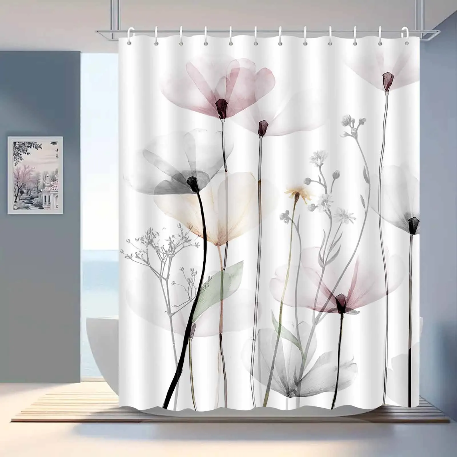 

Modern Elegant Floral Shower Curtain Transparent Ink Flower Nordic Style Bathroom Decor White Fabric Bath Curtains with Hooks