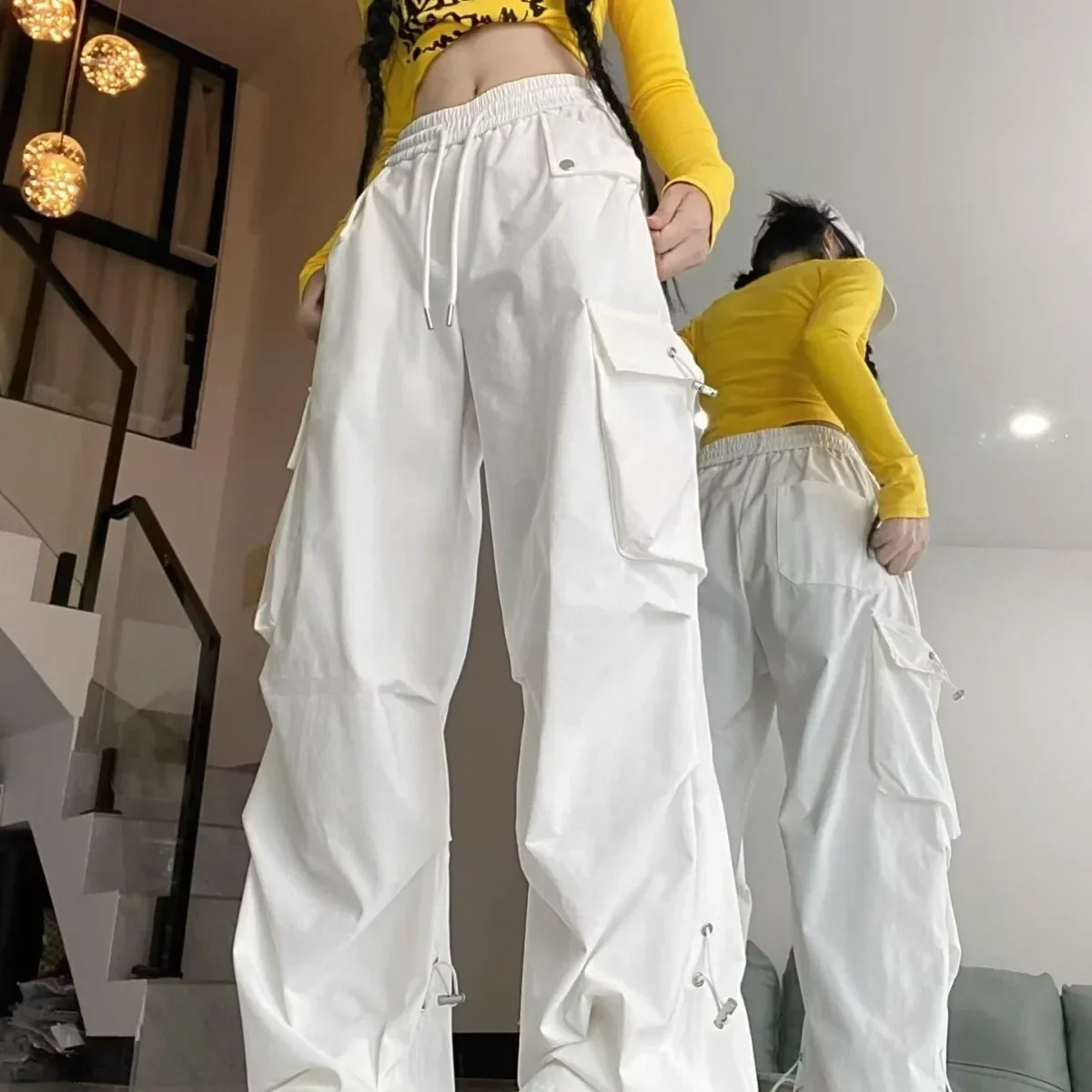 

Pop High Waist Casual Pants Women's Sweet Cool Style Flip-Up Workwear Pants American Hot Girl Front Pocket Wide Leg Pants