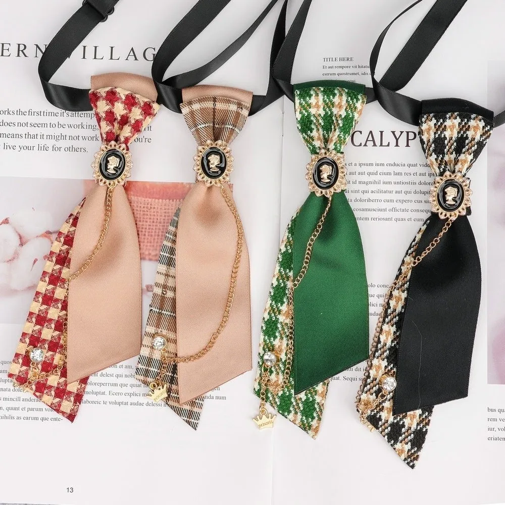 Vintage Y2K Preppy Necktie Rhinestone Chain Adjustable Strap Plaid Bow Tie Oval Multiple Colors Decorative Neck Tie For Women
