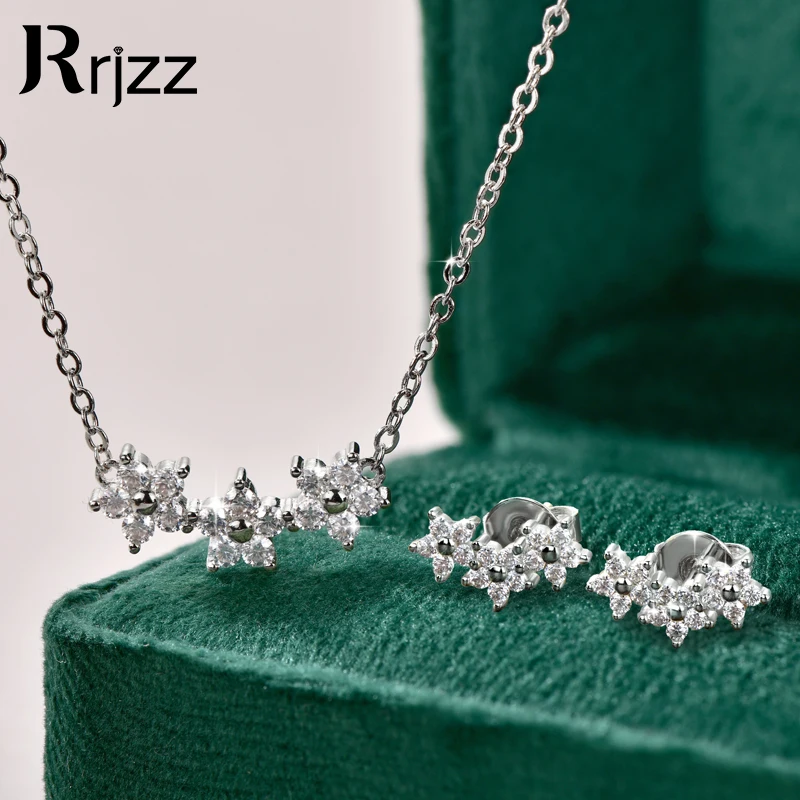 Rrjzz D VVS1 Moissanite Flower Necklece Stud Earrings Jewelry Set with GRA Climber Flower Stud Ear/Pendant Necklace for Women