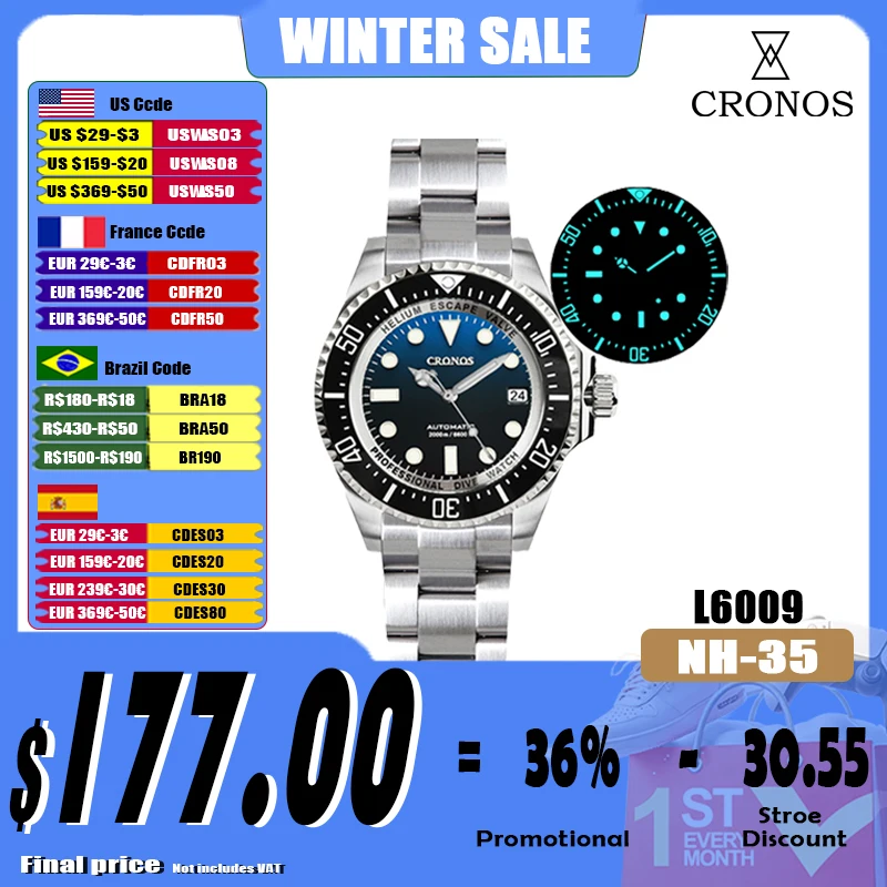 Cronos Automatic Diving Man Watch Stainless Steel Bracelet 2000 Meters Water Resistance Professional Diver Men's Watches L6009M