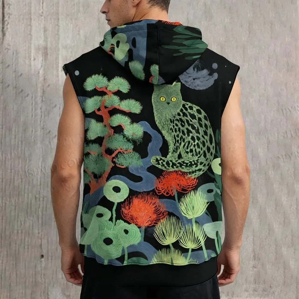Green Cat In Forest Printed Sleeveless Hoodie For Men's 3D Printed Hoodie Sweatshirt