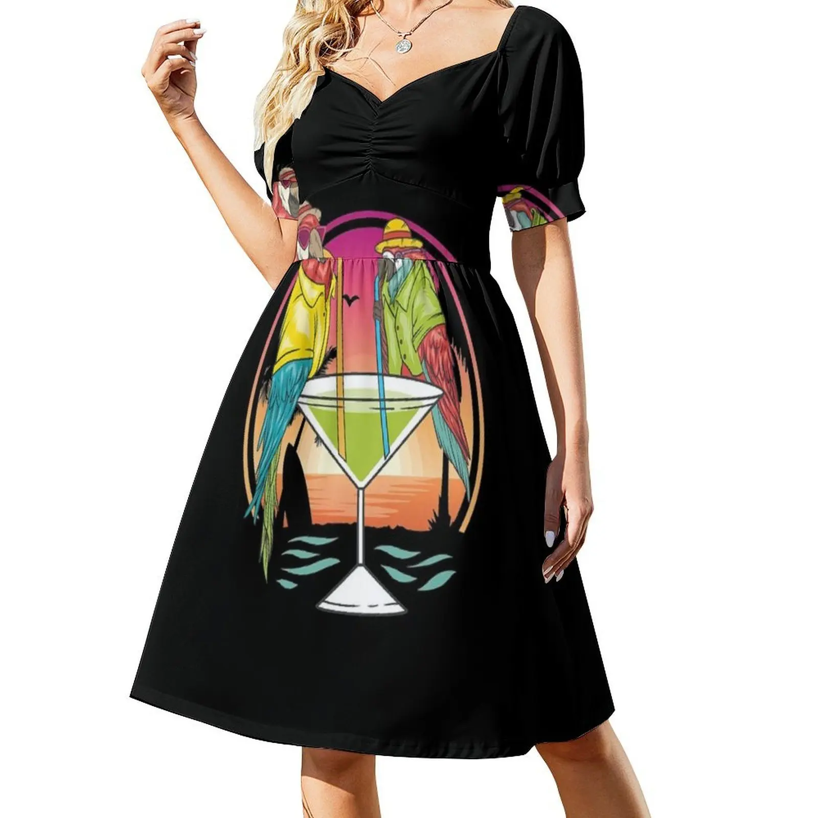 الببغاوات شرب مارغريتا في عطلة الصيف الطيور متعة الأزهار سموك فستان للنساء الربيع الصيف فستان كاجوال للحزب