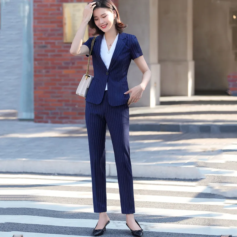 Blue Striped Suit Female Summer Thin Temperament Goddess Style President Professional Manager Short Sleeve Overalls