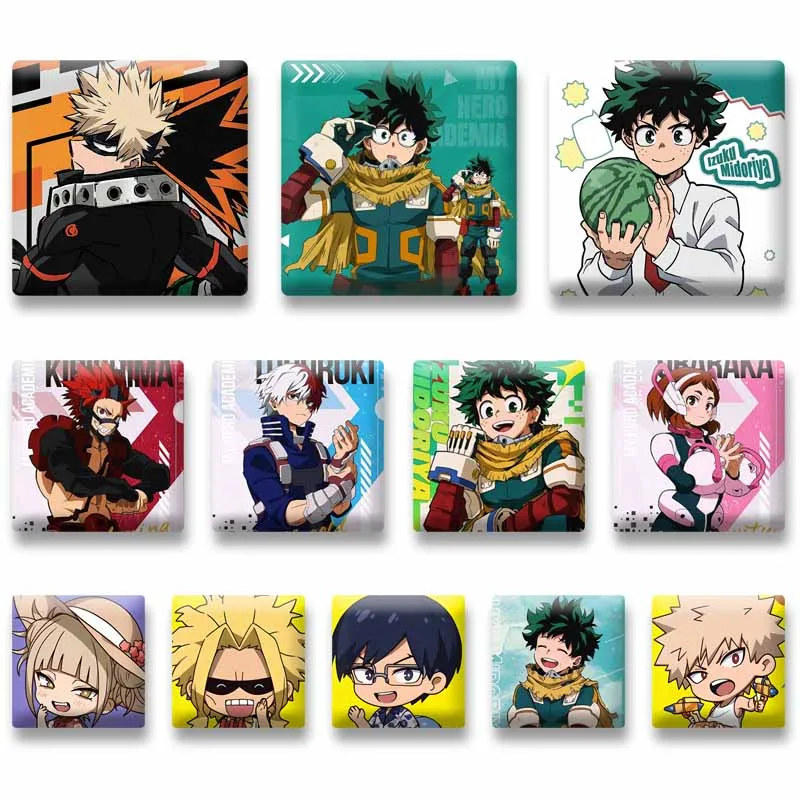 

Ochaco Izuku Shoto Himiko Katsuki Square Badge on Backpack Shoes Accessories Anime Icons Lapel Pins Cartoon Brooch Jewelry Gift