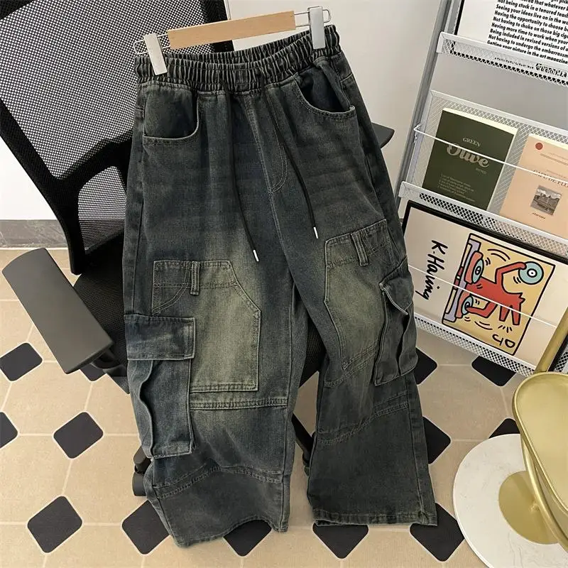 

Heavy Duty Men's Workwear Jeans Retro American Style Multi Pocket Wide Leg Floor Length Trousers Casual Loose Straight Fit