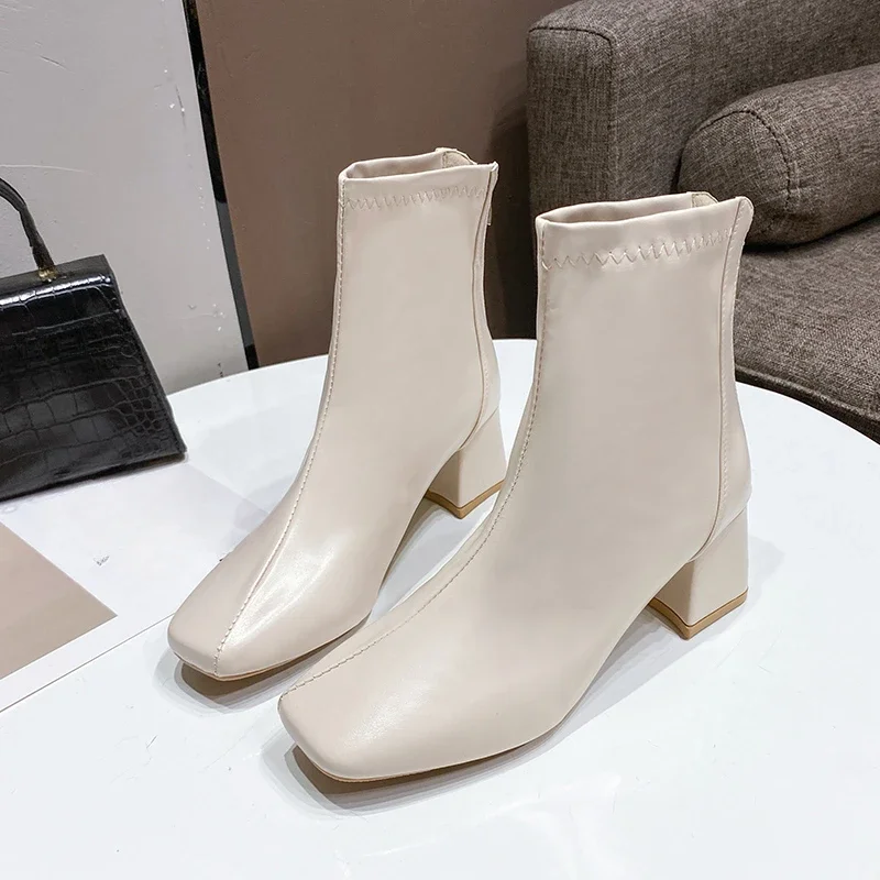 Casual Women's Thick Heel Medium Heel Boots Women's 2024 New Winter Square Toe Back Zipper Heightening Short Boots