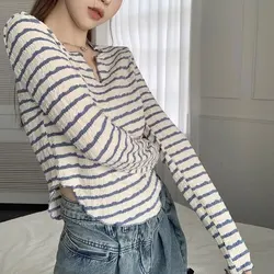 Irregular V-Neck Striped T-shirt Spring Autumn Long Sleeve Casual Women's Clothing Korean Slim Fashion Folds All-match Pullovers