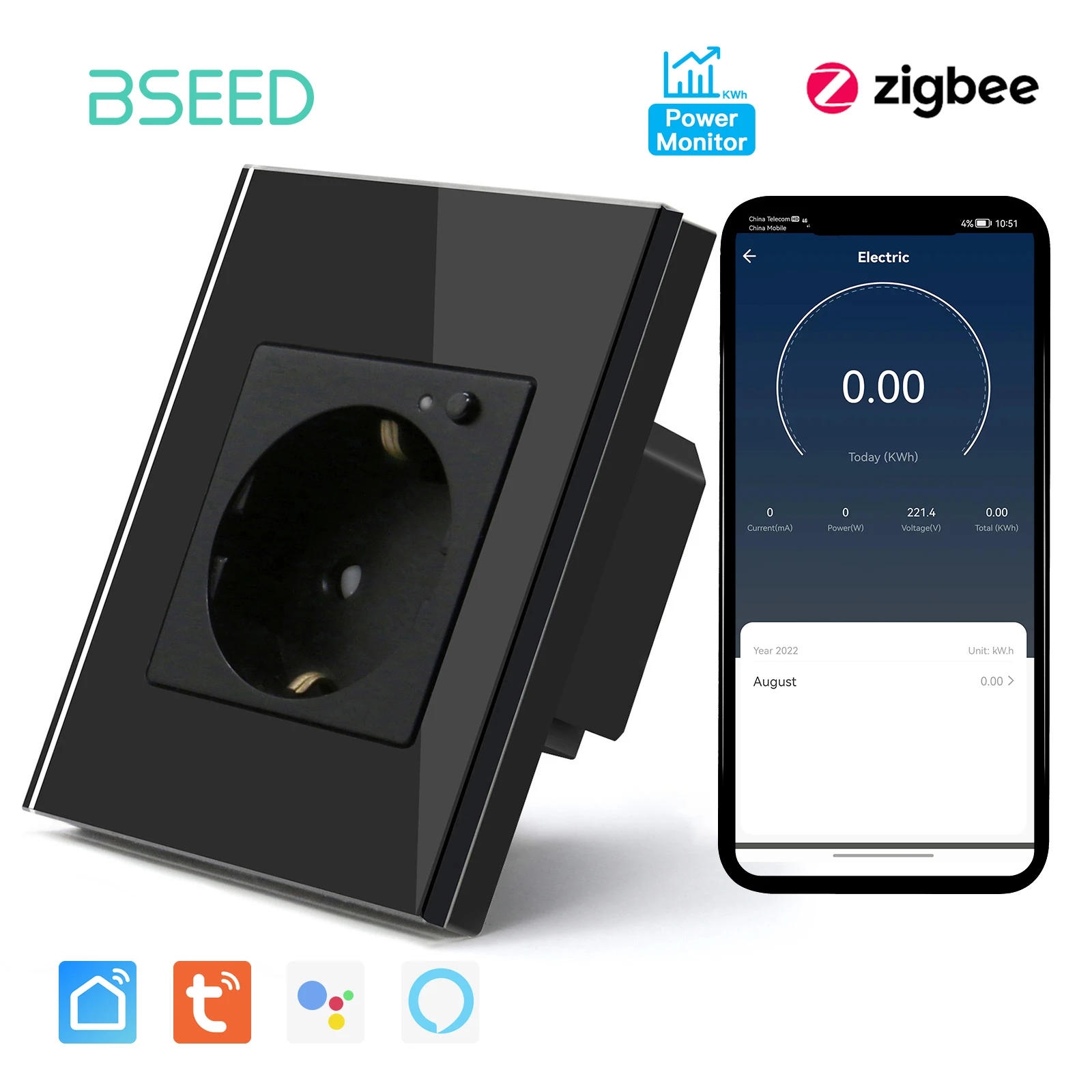 Bseed eu zigbee energie monitor wand steckdose kristallglas rahmen doppel smart outlets google home alexa smart life sprach steuerung