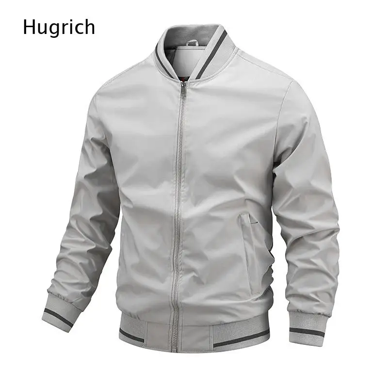 Black Single White Strip Rib Collar Bomber Jacket Men Spring Autumn Slim Fit Light Zip Up Streetwear Windbreaker Coat