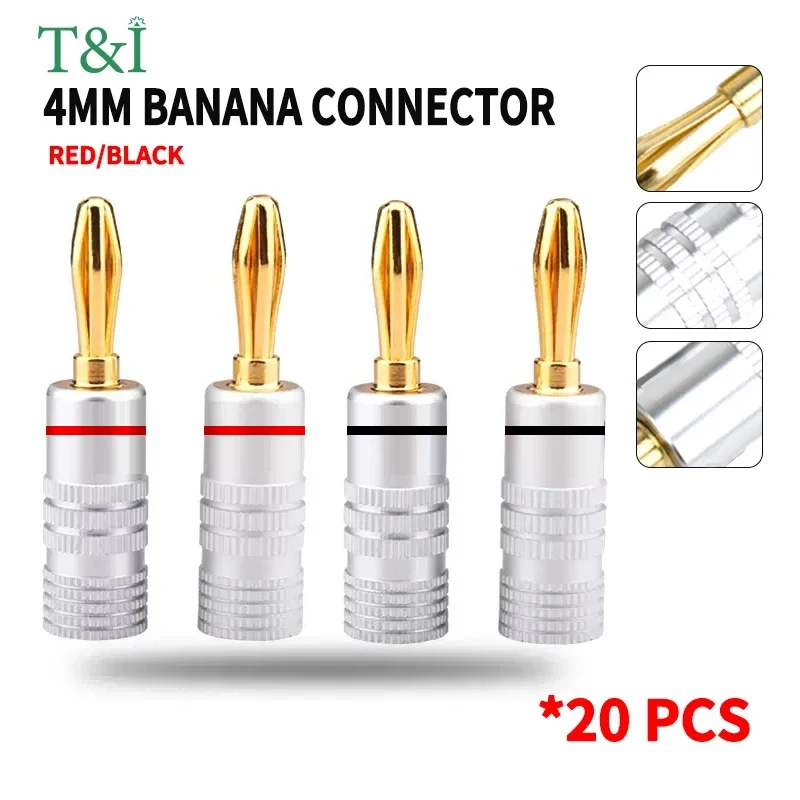 20pcs/10pairs 4MM Nut Banana Plugs 24K Gold-plated Connector With Screw Lock For Audio Jack Speaker Plugs Black&Red