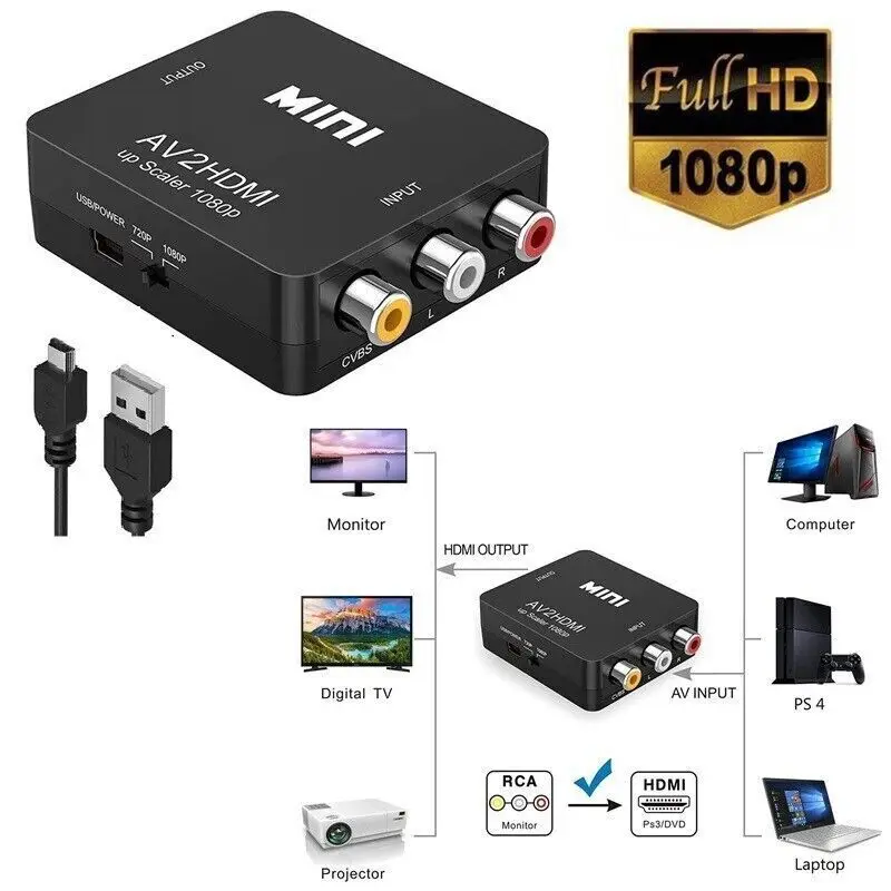 

RCA AV to HD-compatible Converter AV/CVSB L/R Video Box HD 1080P 1920*1080 AV2HD Support NTSC PAL Output AV To HD