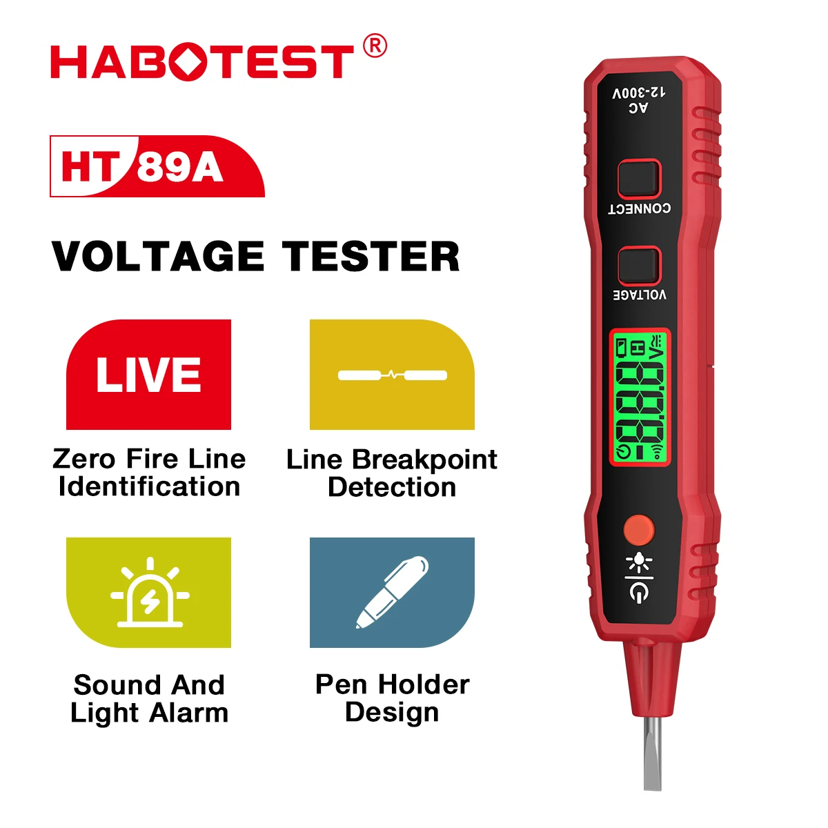 HABOTEST HT89A AC 12-300V Voltage Tester Non-Contact Electrical Pen AC Voltage Detector