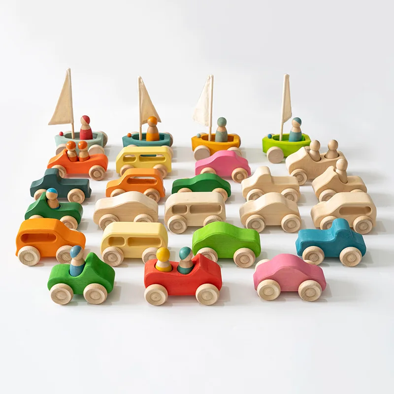 Basswood Rainbow Car Set with Peg Dolls Kids Small World Play Toys Stacking Blocks Waldorf Wood Toys for Children Car Track