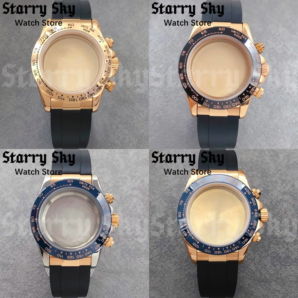 

Звездное небо, сапфировое стекло 39 мм, корпус из нержавеющей стали, розовое золото, синий/черный керамический безель с резиновым ремешком, подходит для механизма VK63