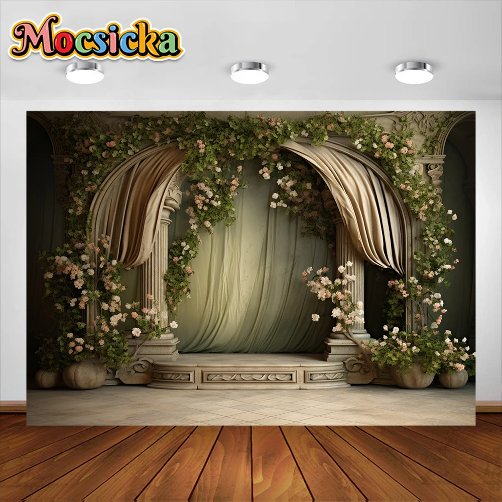 Mocsicka Neugeborenen Geburtstag Fotografie Hintergrund Blumen Bogen Tür Vorhang Party Dekoration Familien feier Fotostudio Banner