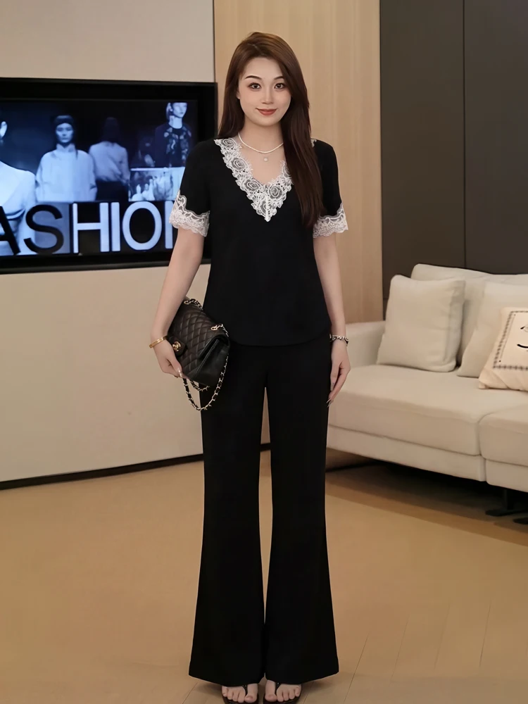 

Summer Lace V-neck Short Sleeve High Waist Flared Pants Women's plus Size Fashion Set Elegant Black Top And Pants Ensemble