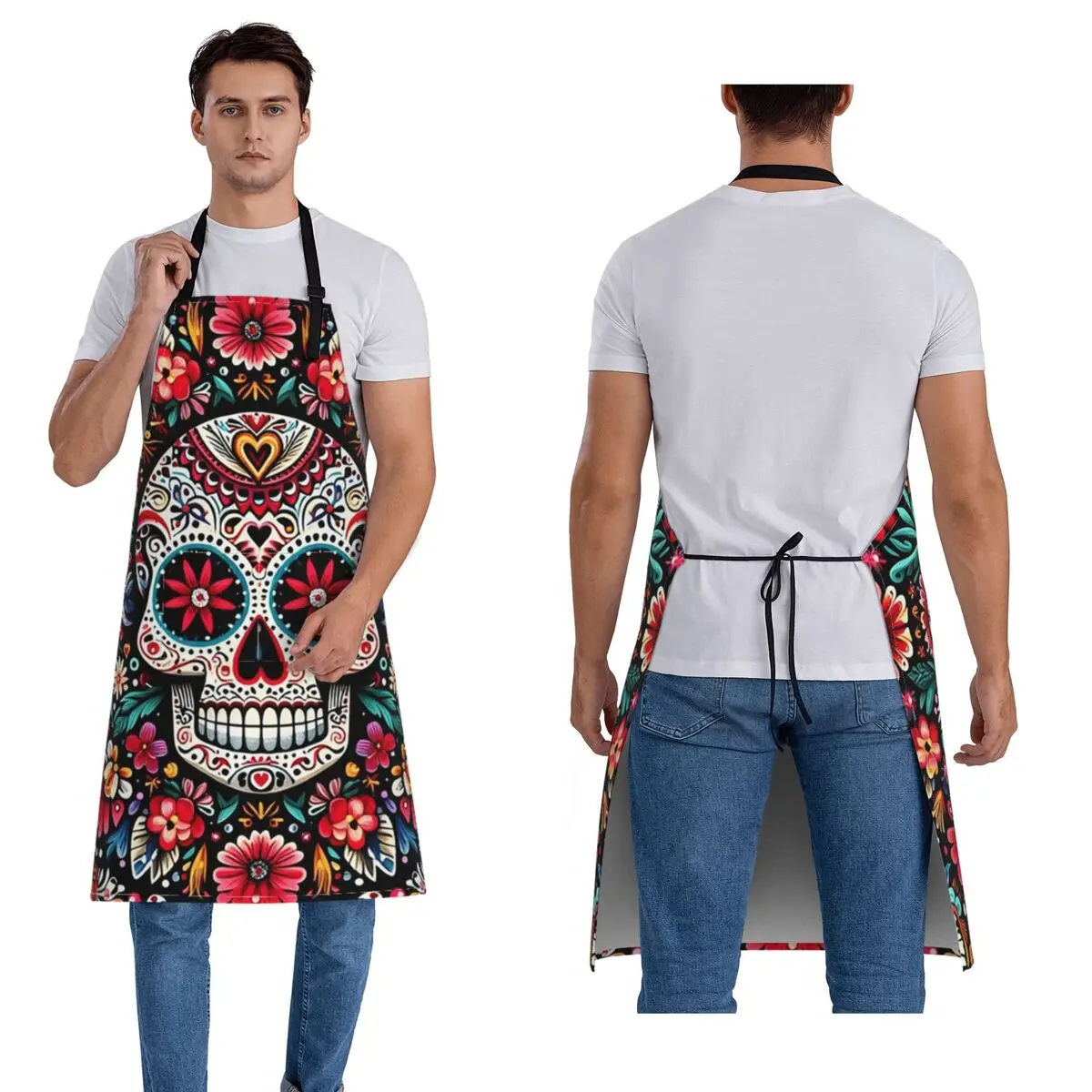 

Мексиканские сахарные черепа и цветы, фартуки для шеф-повара, кулинарии, кухни, нагрудник без рукавов, кухонный фарфор для женщин и мужчин, живопись