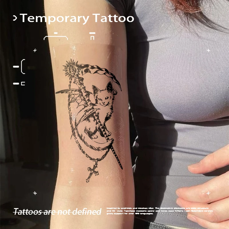 

Водонепроницаемая временная тату-наклейка с травяным соком: Кот с косой и крестом, долговечная фальшивая татуировка для руки, запястья, модный боди-арт