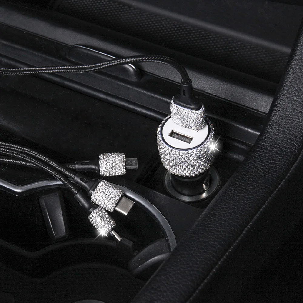 Bling USB Car Charger 5V/2.1A Crystal Decoration Dual Port Fast Adapter,3.9ft Nylon Type C Micro USB 3-in-1 Multi Charging Cable