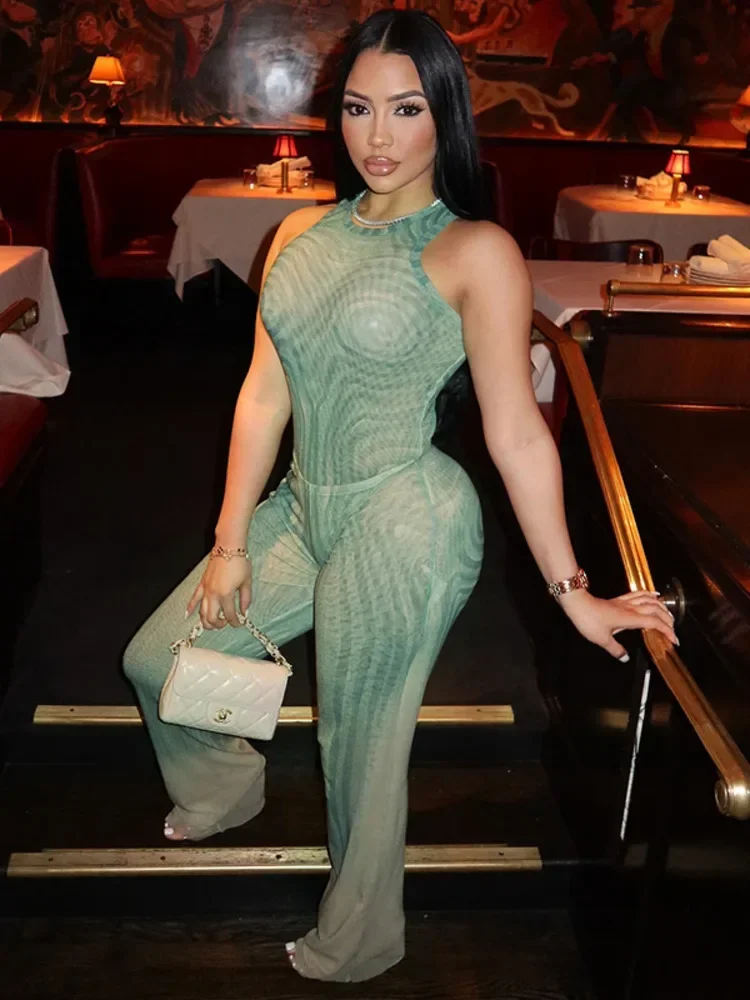 

Сексуальное боди с круглым вырезом и принтом, комплекты с длинными брюками для женщин, модное боди без рукавов и длинные брюки, сексуальные комплекты из двух предметов