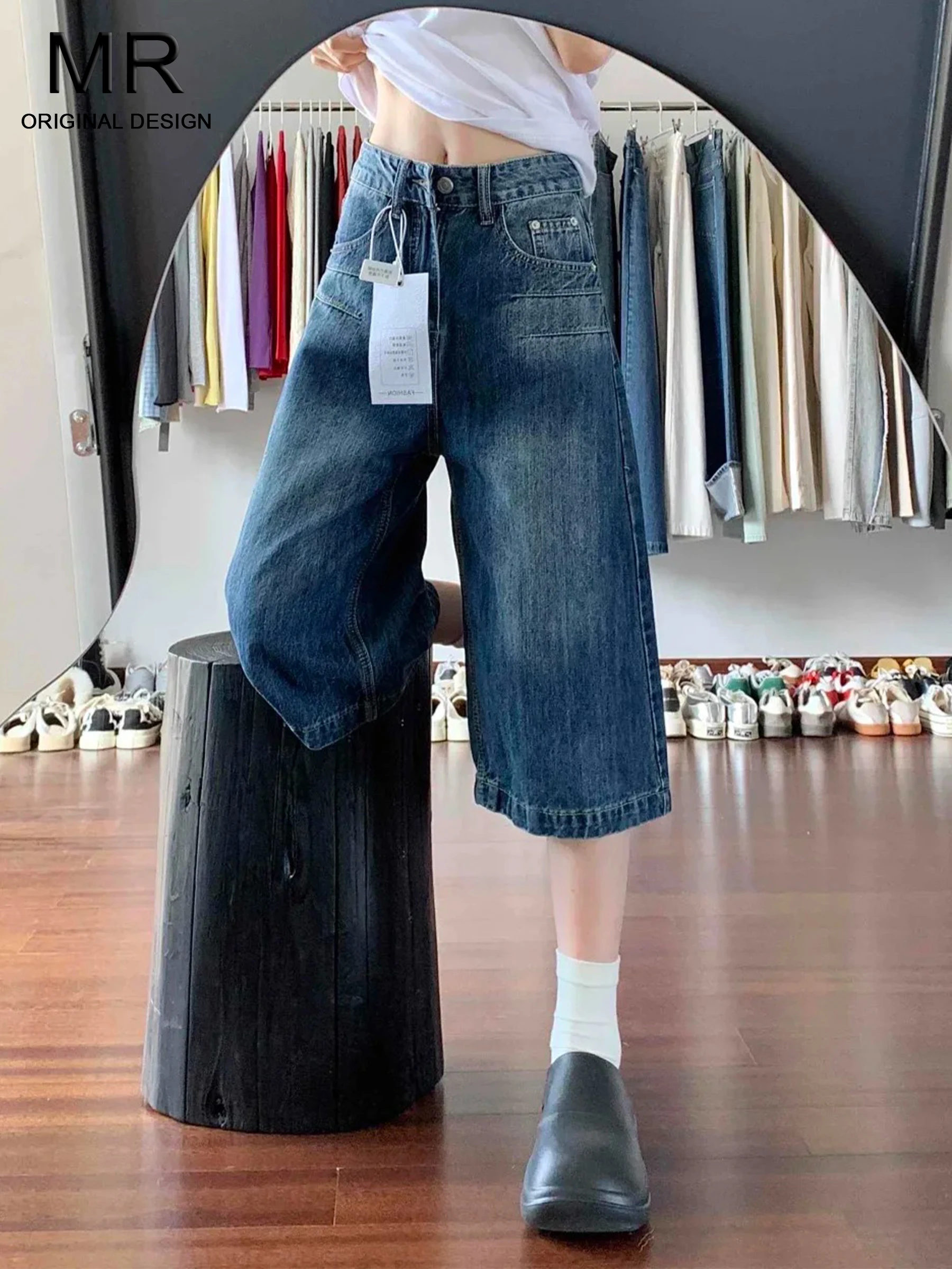 

Retro American Style Pleated Wide Leg Denim Jeans Women's Loose Slimming Straight Cut Trousers High Waist Casual Spring Summer