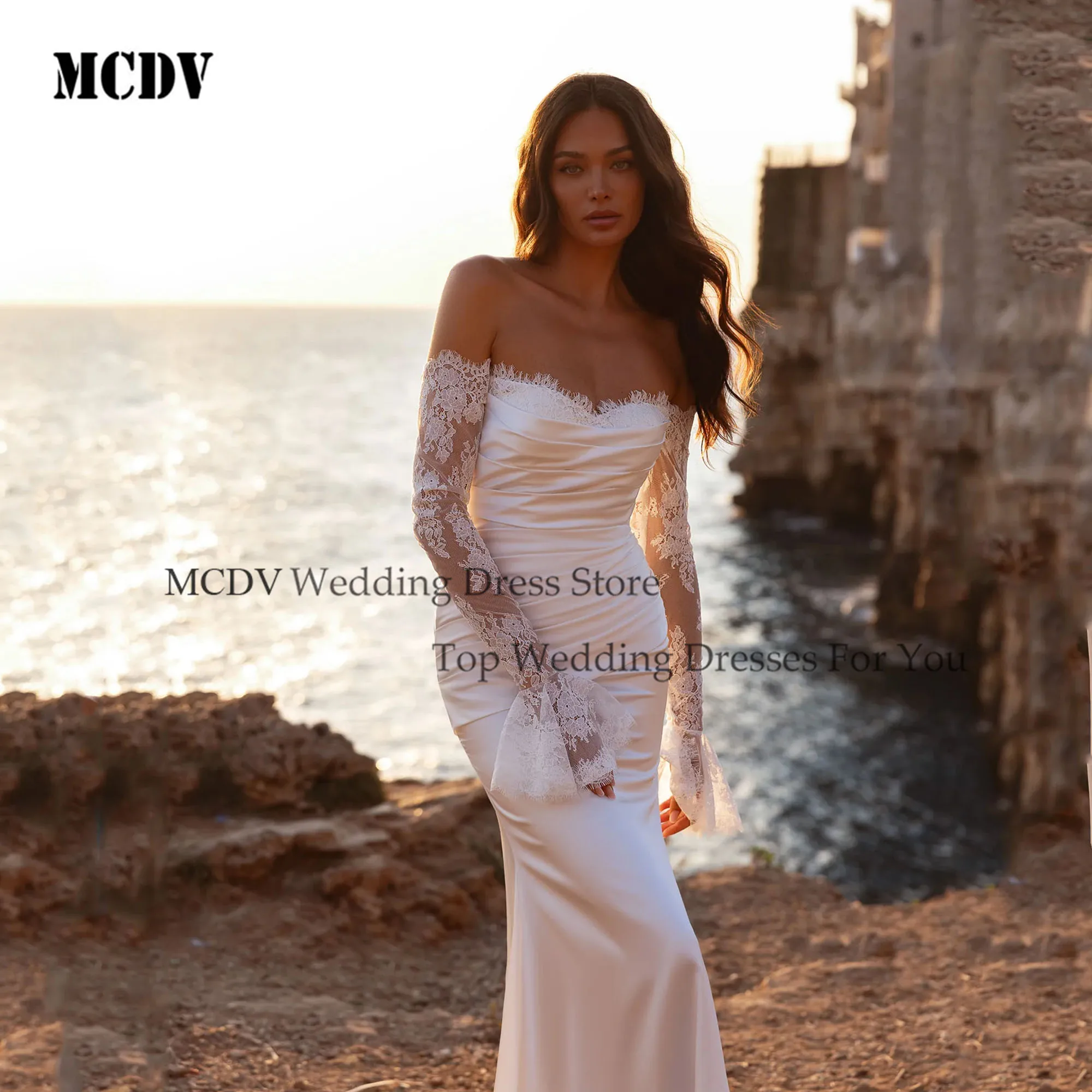 MCDV Lace Mermaid Wedding Dresses Bridal Off Shoulder Full Sleeve Satin Pleat Open Back Bridal Gown Vestidos De Novia Customized