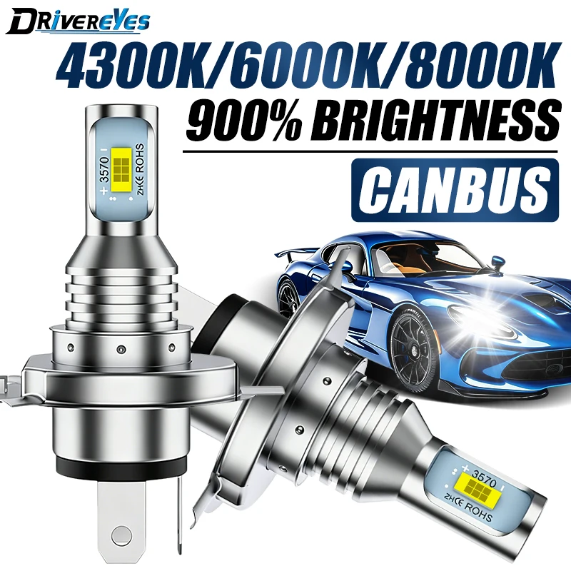 2Pcs H4 LED Bulbs 3570 CSP H4 LED Wireless Mini Size Super Bright Headlight DRL Lamp 6000K White 1:1 Plug and Play 4300K 8000K