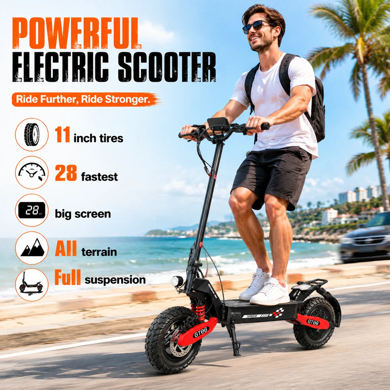 Arwibon GT06 1200w Strong Motor 48V13Ah Battery 11 inch off Road Tires Full Suspension Big Screen Key Lock 28 MPH Fast Speed Foldable Design Front and Rear Lights Turn Signals 330 lbs Load