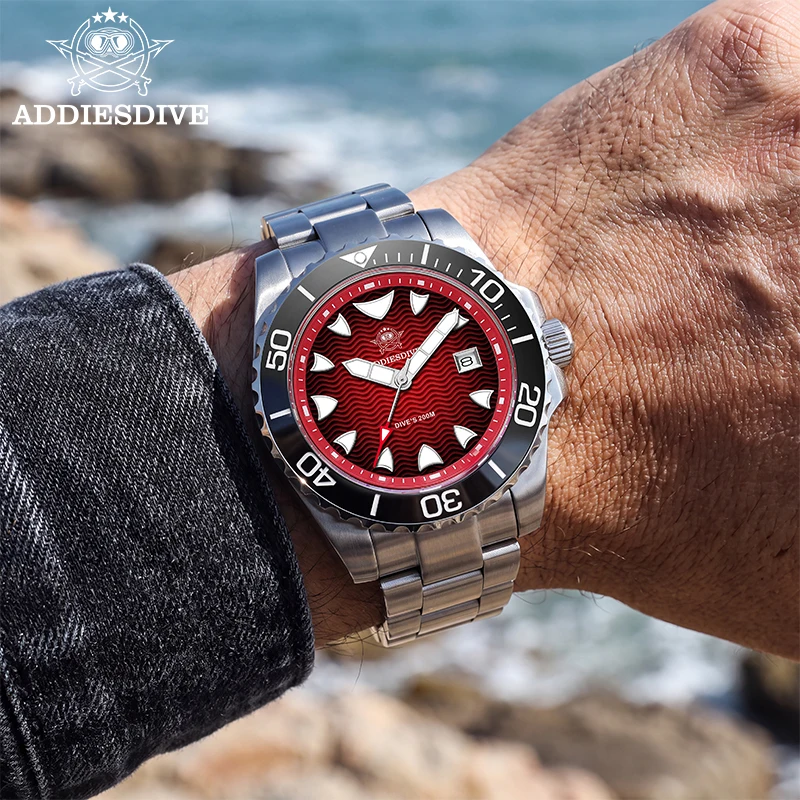 ADDIESDIVE Fashion NEW Men Quartz Watch Japan 2115 Ocean Waves Dial Super Luminous 316L Stainless Steel 20Bar Waterproof Watches