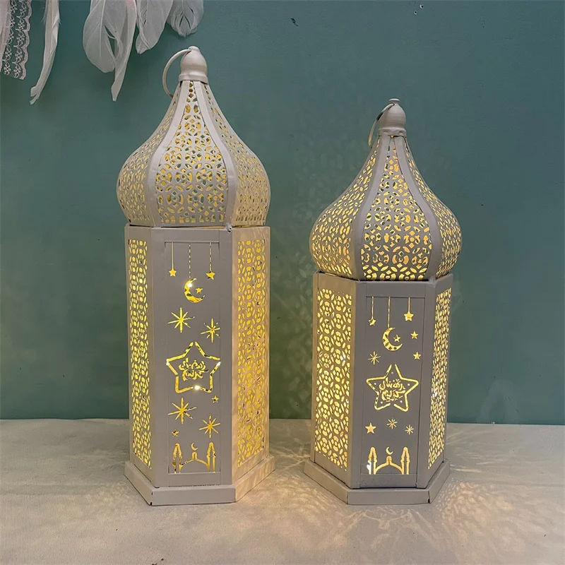 Eid Mubarak Wind Lamp Ramadan Metal LED Lantern Home Table Night Light for Middle East Arab Ramadan Kareem Eid al-Fitr Party