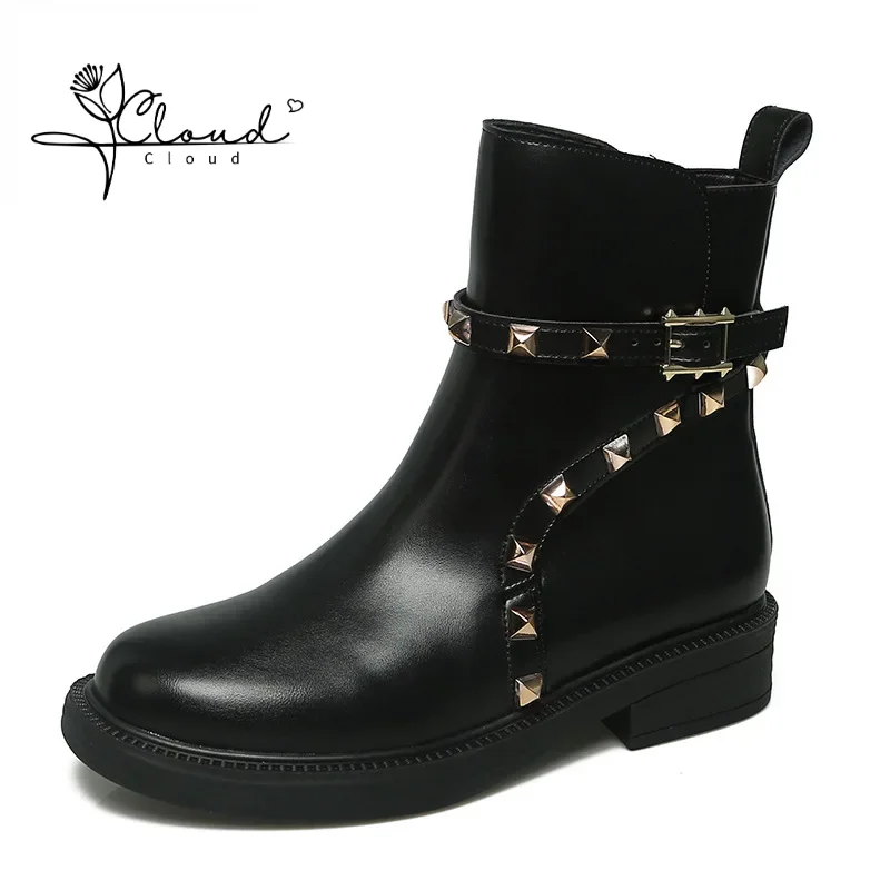 

Leather Platform Ankle Rivet Boots 2024 New Belt Buckle Willow Nail Fashion Skinny for Women Motorcycle Boots