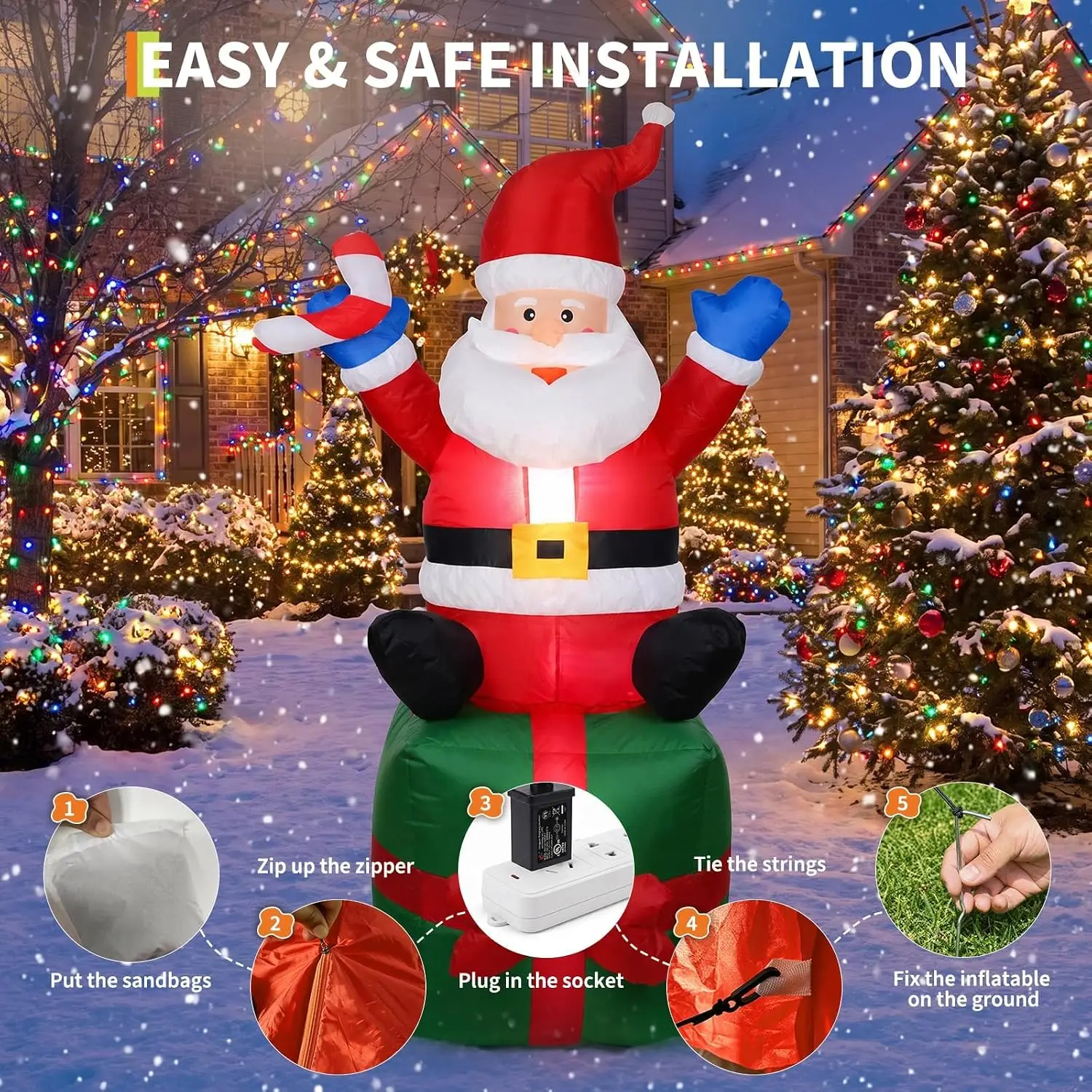 6FT 70.8inch Inflatable Santa Clau Built-in LED Lights with Gift Box Outdoor Decoration Santa Holiday Xmas Inflatables Decor for Lawn Yard Garden Party