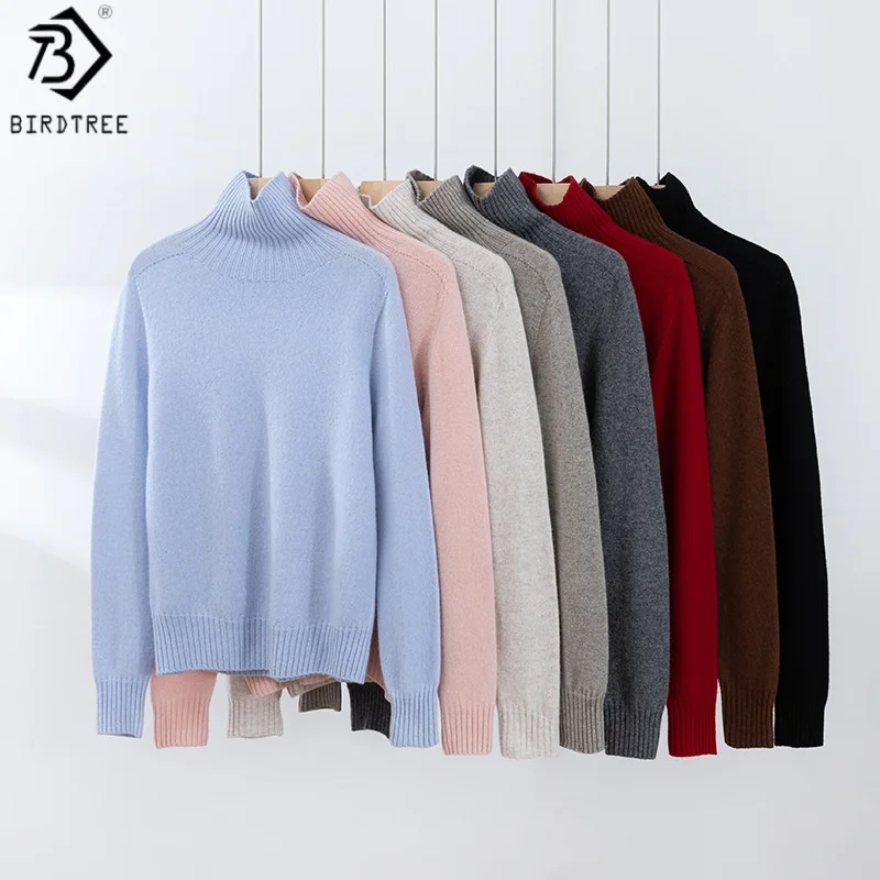 

Birdtree 100% Sheep Wool Bottom Sweater,Woman High Collar Full Sleeve Autumn Loose Winter Knitwear Shirt Pullover T59320JF