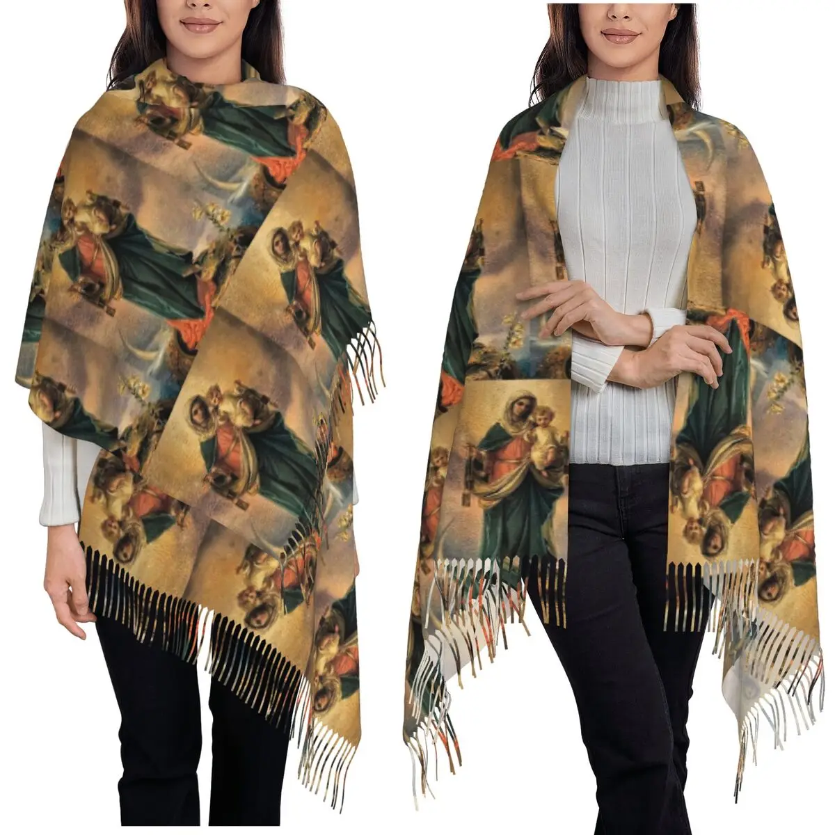 

Богоматери Гваделупской Мексиканский шарф Девы Марии Шарфы с кисточками Женские мягкие теплые шали и накидки Длинная осенне-зимняя шаль