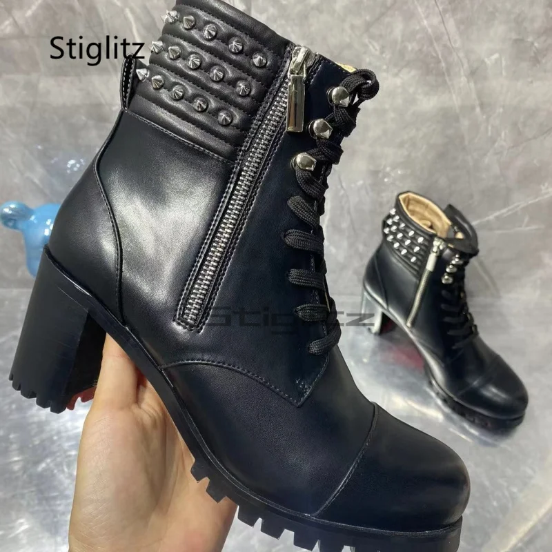 

Rivet High Heeled Men's Boots Black Genuine Leather Lace Up Zip Ankle Boots British Style Retro High Quality Non-Slip Male Shoes