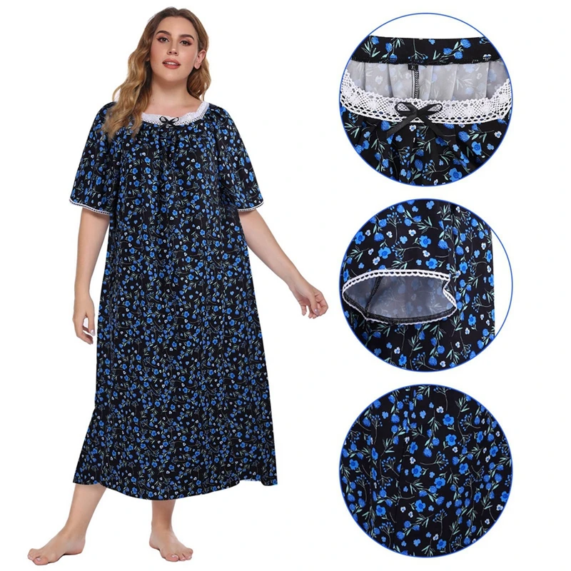 Women Soft Pajamas Broken Flower Nightdress Large Short Sleeve Women\'s Nightdress Square Neck Vintage Home Clothes