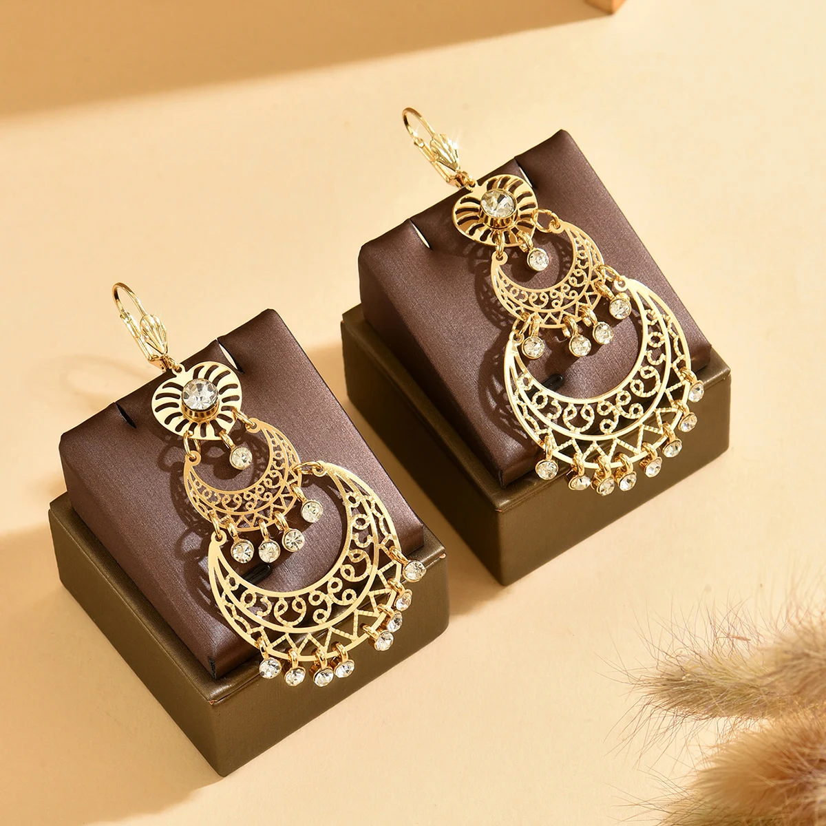 

A Pair Of Moroccan Bride Earrings, Jewelry In The Shape Of A Crescent Moon, With Glass Inlays,Handcrafted Wedding Dress Earrings