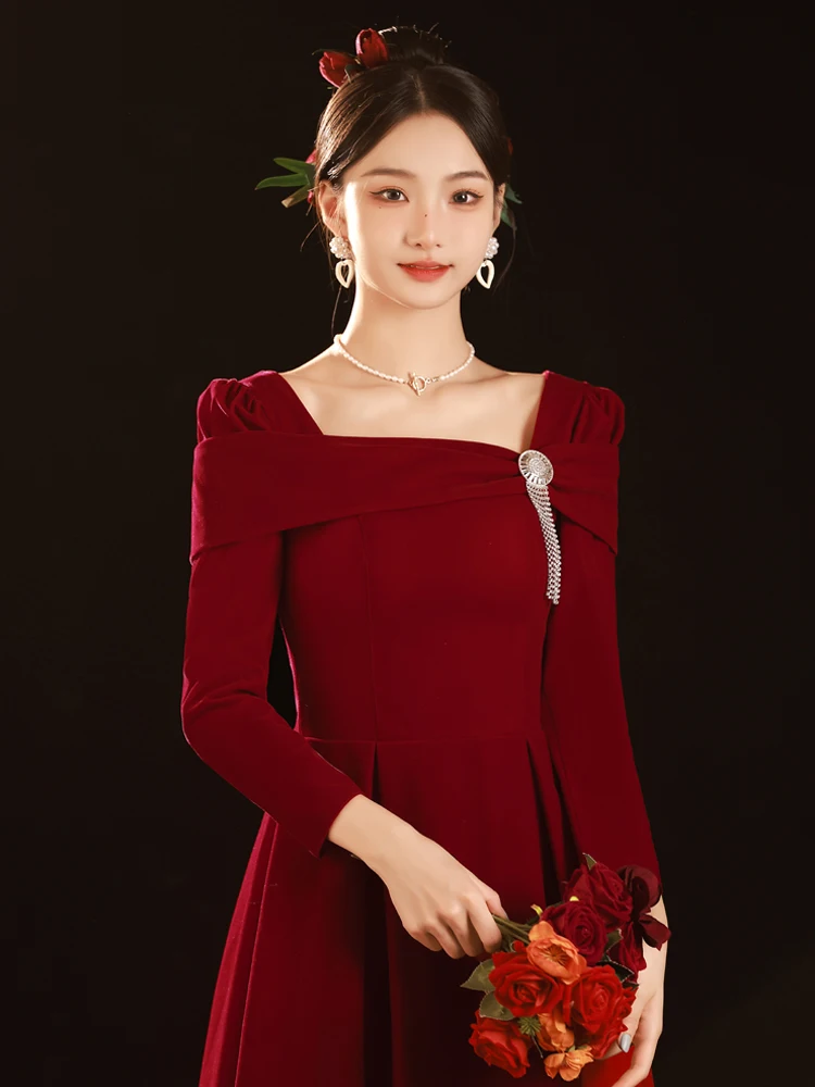 

Long Sve Velvet Wedding Dr Luxury Long Evening Gown Red Color Bridal Dr Women's Faionable Casual Wear for Parties