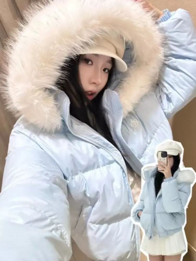 Women Autumn Winter Faux Fur Collar Cotton Padded Parka Coat American Vintage Y2K Korean Fashion Loose Warm Outerwear Jacket