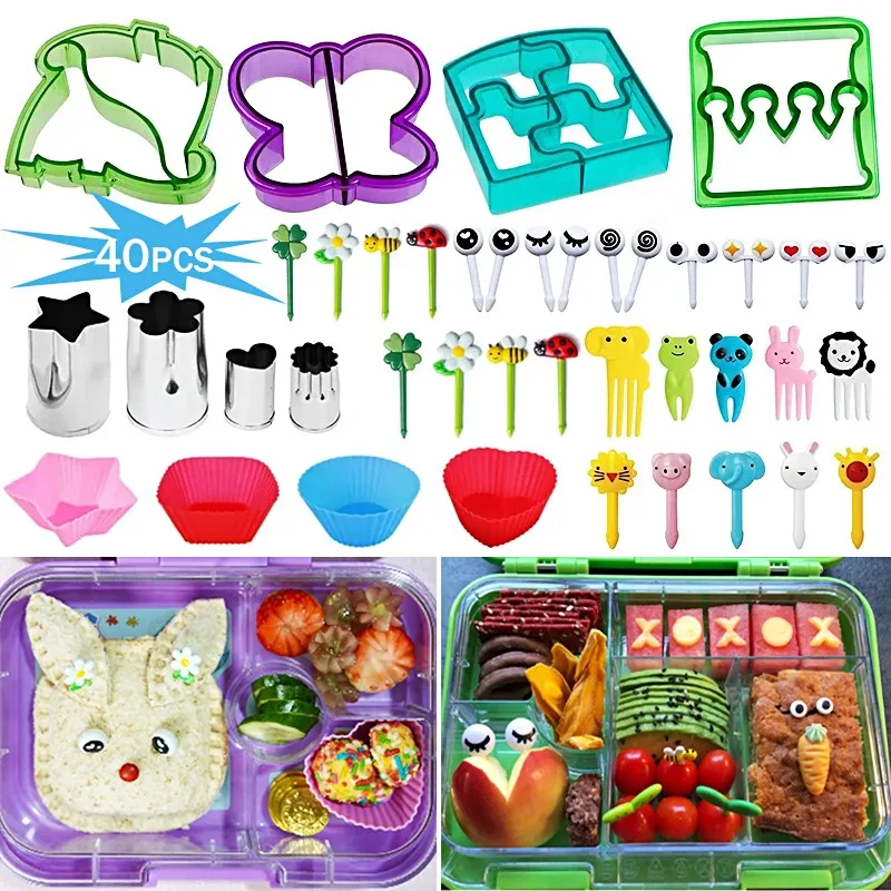 40Pcs Bento Box Accessories with Silicone Lunch Box Dividers Bread Cutters Fruit Cutters Animal Picks DIY for Kids Lunch Box