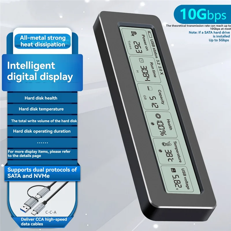 

【Necessity】M2 SSD Enclosure Case M. 2 Nvme NGFF With Display Screen Intelligent Digital 10Gbps USB 3.2 Gen2 External Disk Box