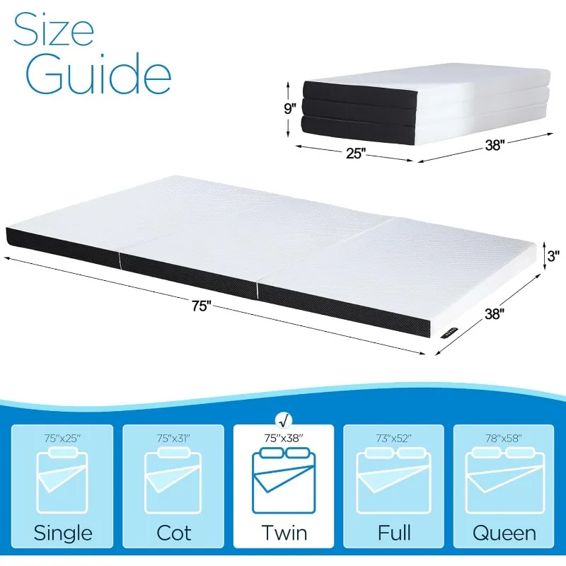 Folding Mattress, 3 inch Twin Tri-Folding  Form Mattress,Portable Trifold Mattress Topper,  Bottom Camping Mattress Guest Bed