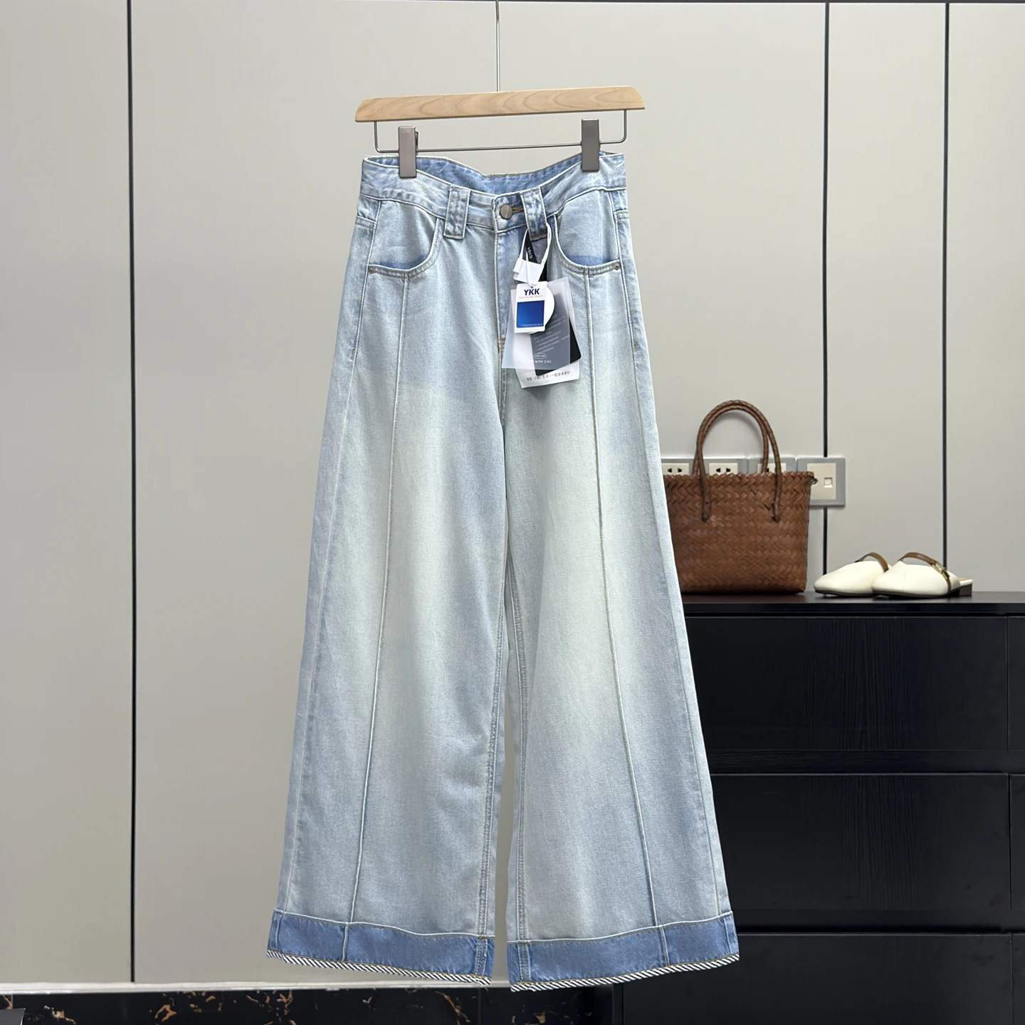 

Ultra-Wearable Slimming High-Waist Cuffed Stripe Color Blo Wide Leg Jeans Casual Summer Thin Straight Nine-Piece Pants