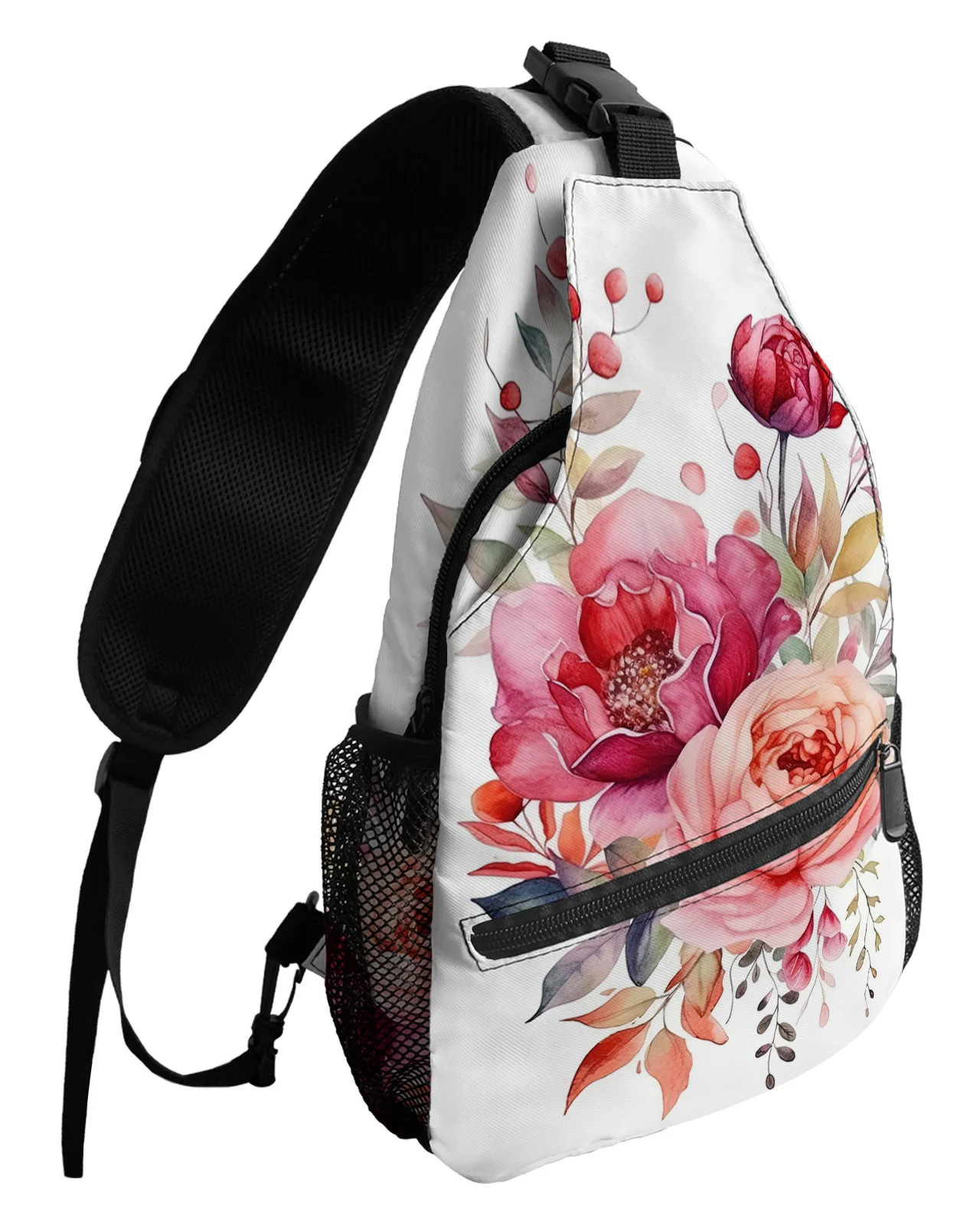 Peony Flower Leaves Chest Bag for Man Women Casual Crossbody Bag Travel Shoulder Bag Large Capacity Sling Bag