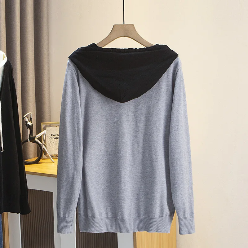 Womens Plus Size Sweaters Casual Clothing Autumn Winter Hooded Fake Two Pieces Jumpers Curve Knitted Pullovers A2 2355
