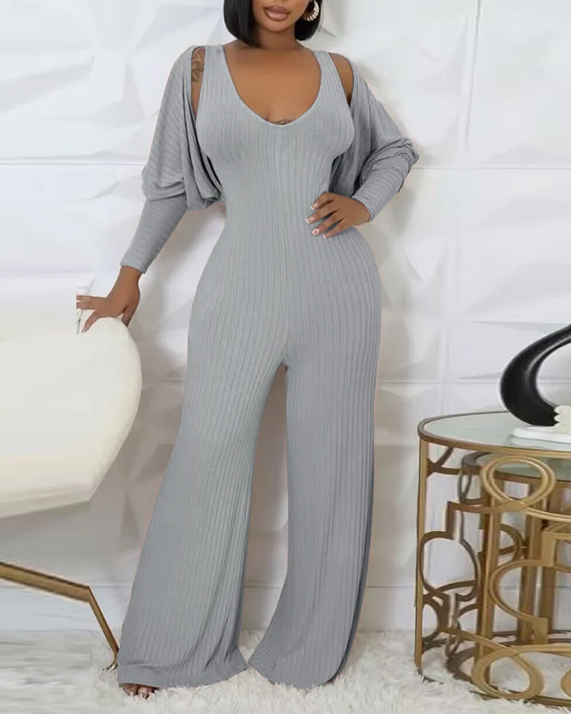 

2 Piece V-Neck Jumpsuit with Pockets Gigot Sleeve Open Front Coat Outfits Set