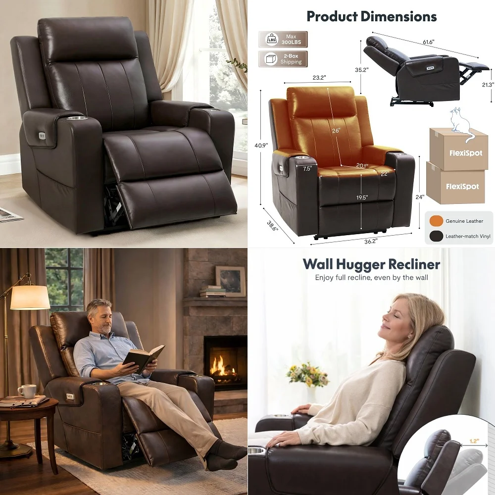 

Truffle Genuine Leather Power Recliner w 1.2 WallHugger Clearance, Electric ZeroWall RV Recliner w Adjustable Headrest, Massage