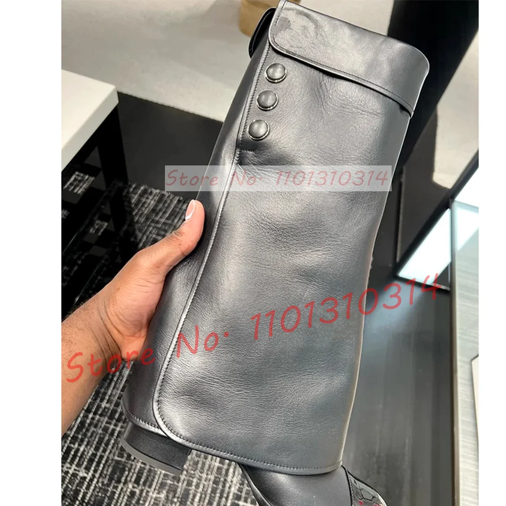 Apricot Flod Over Knee High Boots Women Splicing Round Toe Block Heels Boots Ladies Spring Button Decor Fashion Bicolor Shoes