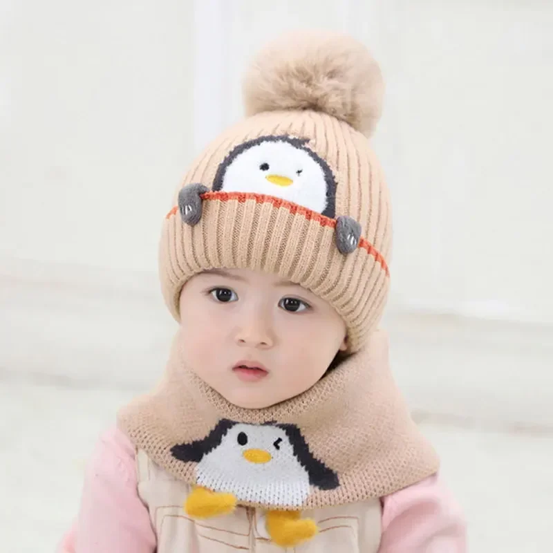 Cartoon Animal Kint Pom Pom Hat Scarf Child Cotton Inner Beanies Hat And Ring Scarves Kids Girl Boy 2020 Winter Warm Cap 1-3T